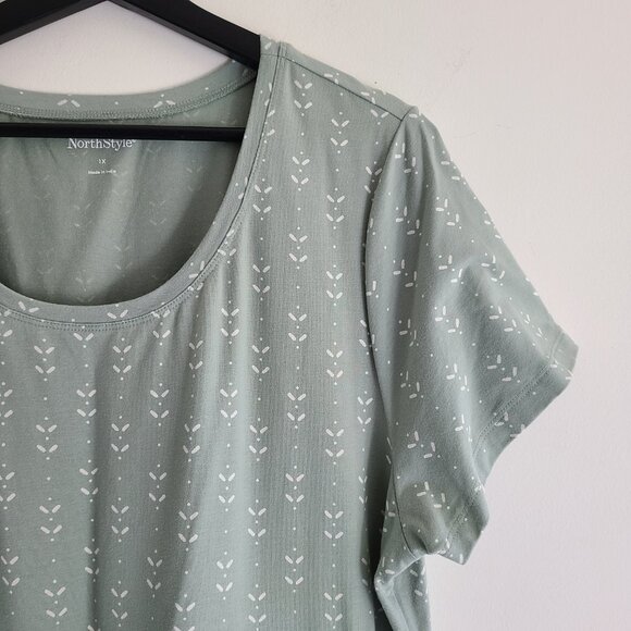 NorthStyle T-shirt Dress 1X Green Floral Print Jersey Knit Pockets Knee Casual - Picture 2 of 11